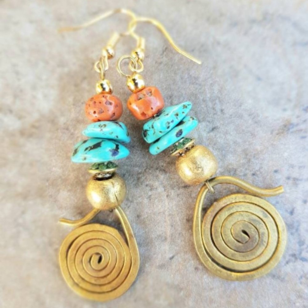 SOLD Tribal Boho Earrings Turquoise, Coral and Old Masai Turkana Brass Coil